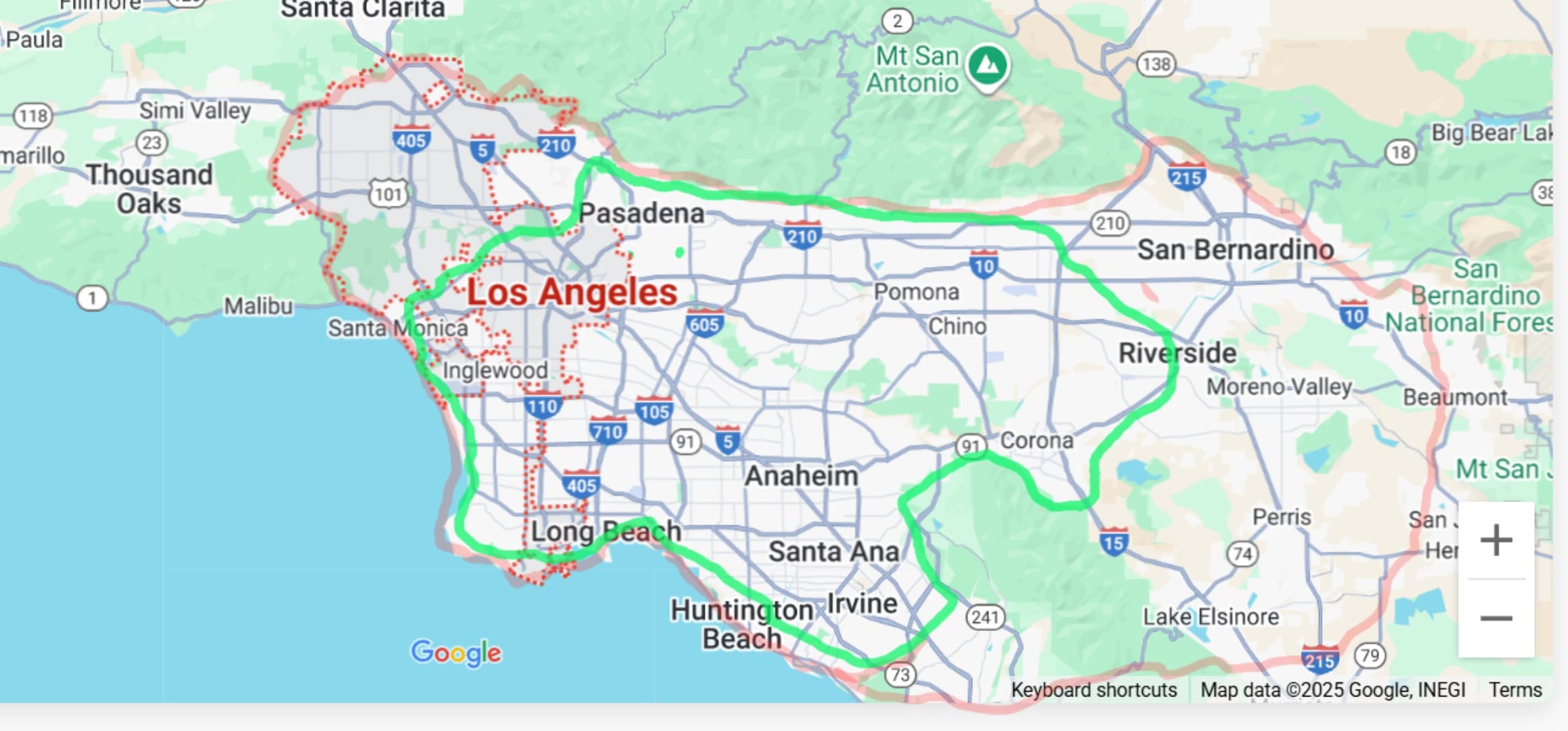 Service area map covering Los Angeles, Orange, San Bernardino, and Riverside Counties